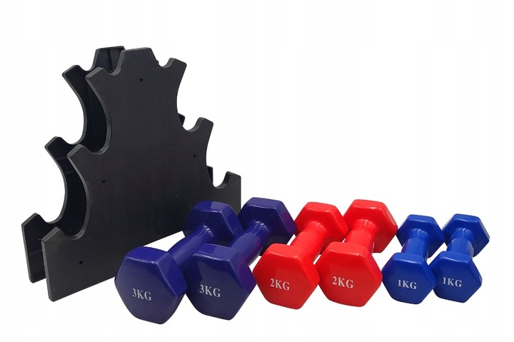 ZESTAW HANTLI DO ĆWICZEŃ HANTLE HANTELKI CIĘŻARKI FITNESS 6szt 12kg STOJAK