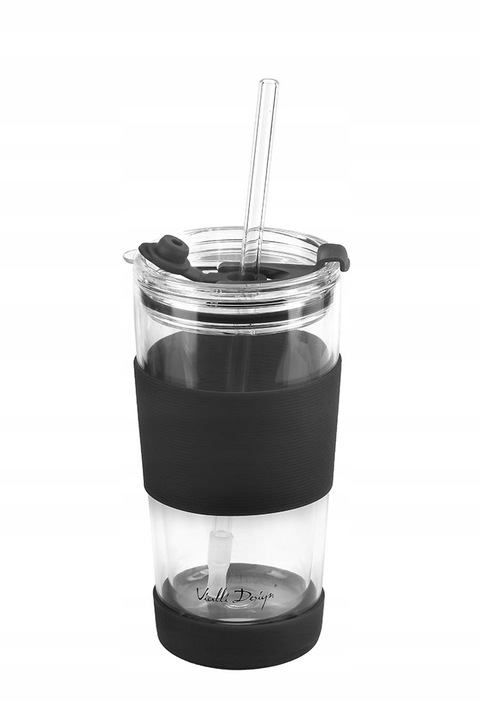 Szklany kubek do kawy ze słomką Vialli Design FUORI 600ml 30374 (czarny)