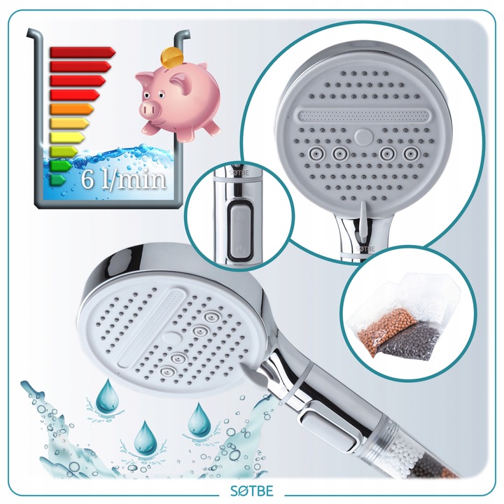 Słuchawka natryskowa pod prysznic DUŻA SOLIDNA start stop filtr kamienny