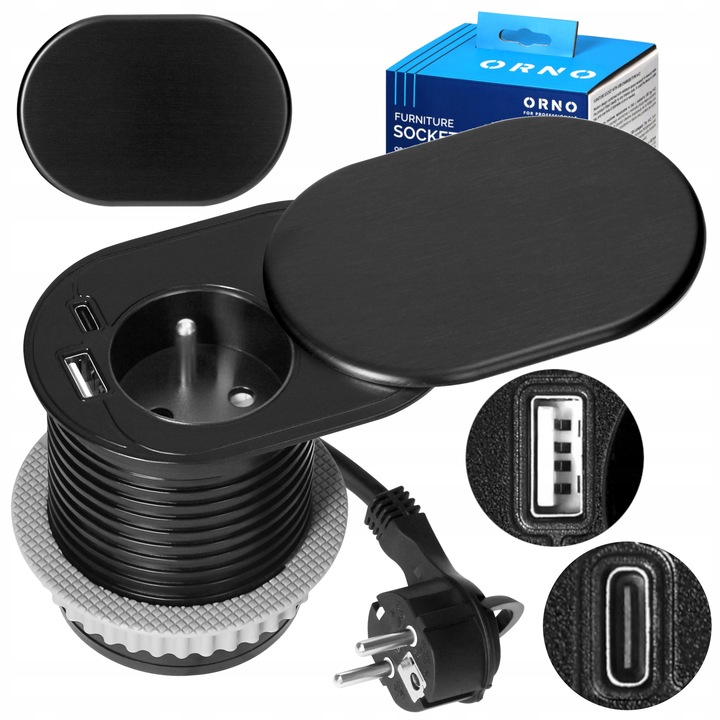 Gniazdo Wpuszczane Chowane w Blat USB + USB-C Przesuwana Pokrywa Kabel 1,9m