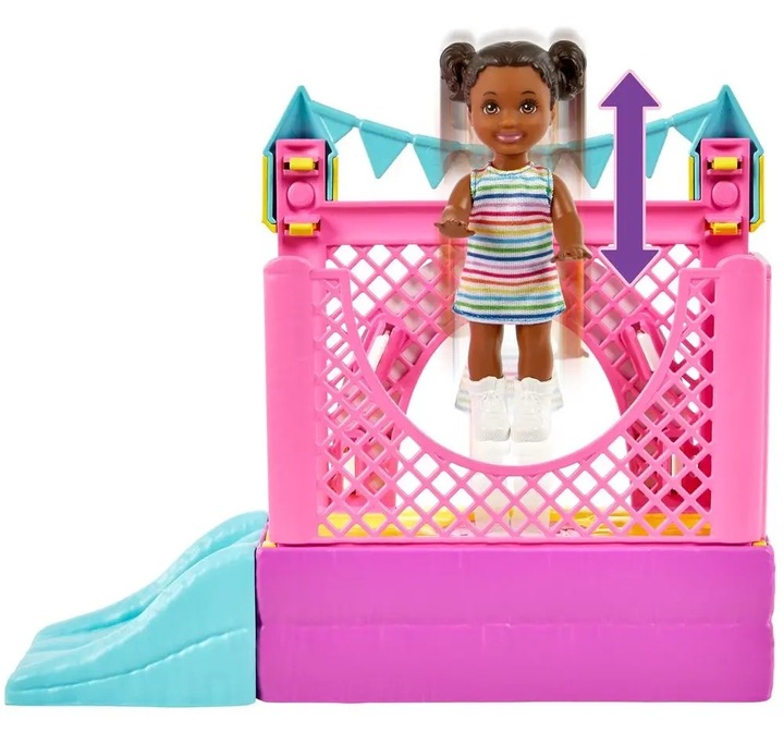 BARBIE SKIPPER LALKA OPIEKUNKA PLAC ZABAW HUŚTAWKA ZAMEK DMUCHANY ROWEREK