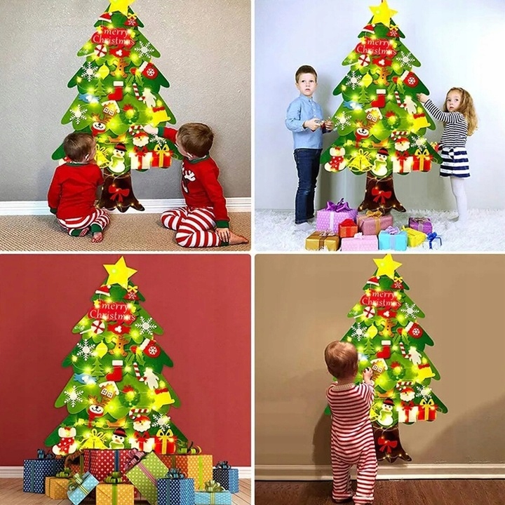 CHOINKA FILCOWA NA RZEPY Z OZDOBAMI DLA DZIECI ŚWIATEŁKA 50 LED NA ŚCIANĘ