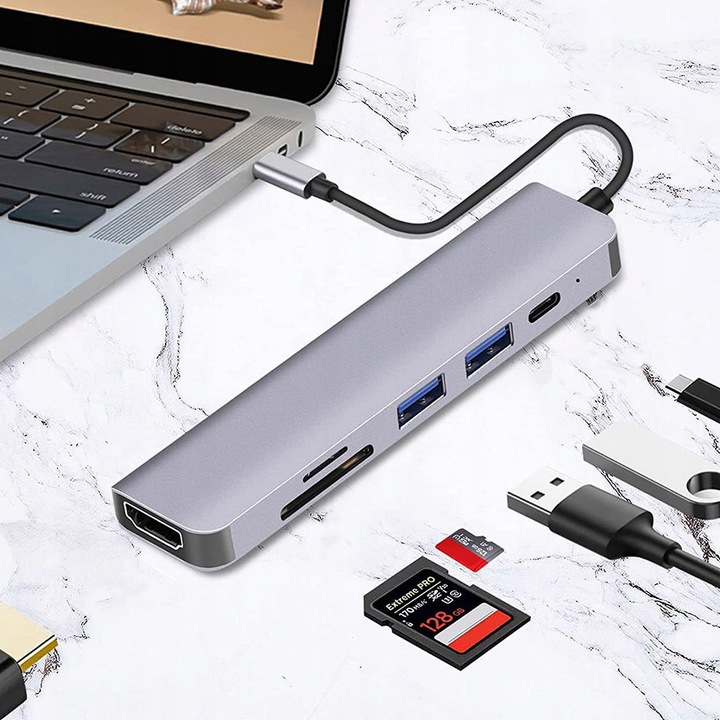 ADAPTER PRZEJŚCIÓWKA 6w1 HUB USB-C HDMI 4K SD do MACBOOK AIR PRO LAPTOPA PC