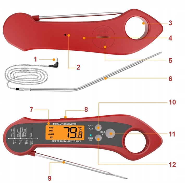 Termometr Kuchenny Skladany -50°C do 300°C 2x Sondy Stal-304 LCD Alarm IPX7