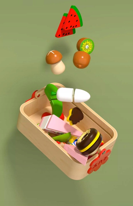 DREWNIANE OWOCE DO KROJENIA CIĘCIA NA MAGNES W SKRZYNCE ZESTAW Z NOŻYKIEM