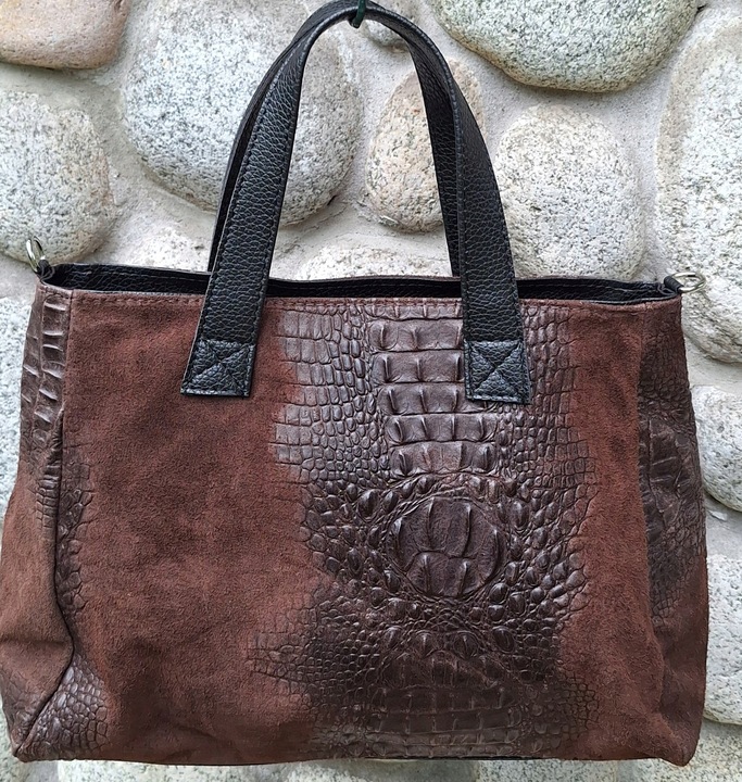 CZEKOLADOWA Zamszowa Torebka Włoska Kuferek SKÓRA NATURALNA Vera Pelle