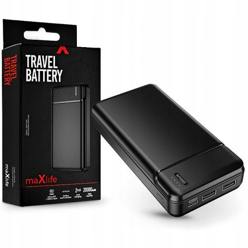 Super Power Bank 20 000 mAh Maxlife 2x USB + Kabel Ledowe Diody Czarny