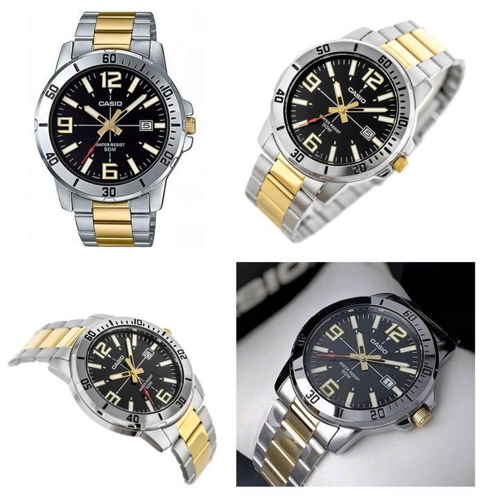 ZEGAREK MĘSKI CASIO STILON złoty stalowy datownik +BOX +GRAWER