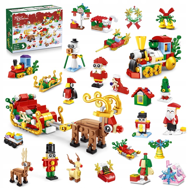 KALENDARZ ADWENTOWY DLA DZIECI KLOCKI ŚWIĄTECZNE 50w1 MIKOLAJ FIGURKA 609el