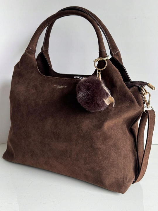 Torebka Flora&Co duża czekoladowa zamsz eco zamszowa breloczek brąz shopper