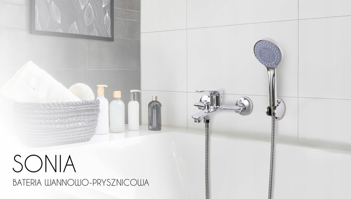 Bateria wannowa ścienna z prysznicem i wężem chrom srebrna kran YOKA HOME
