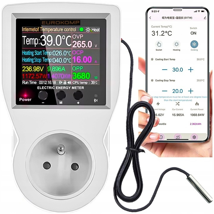 Termostat Gniazdkowy 3600W regulator WiFi + Licznik 16A WATOMIERZ TUYA