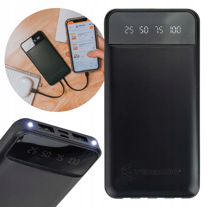 Powerbank 10000 mAh POWER BANK z latarką lightning, microUSB, USB-C, USB