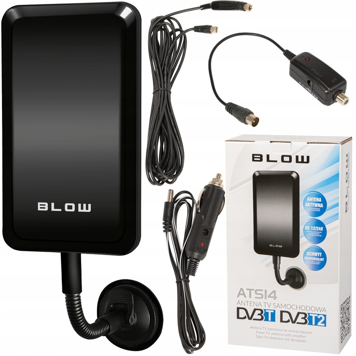 ANTENA PANELOWA AKTYWNA DVBT-2 SAMOCHODOWA PRZYSSAWKA NA SZYBĘ 4K LTE MUX-8