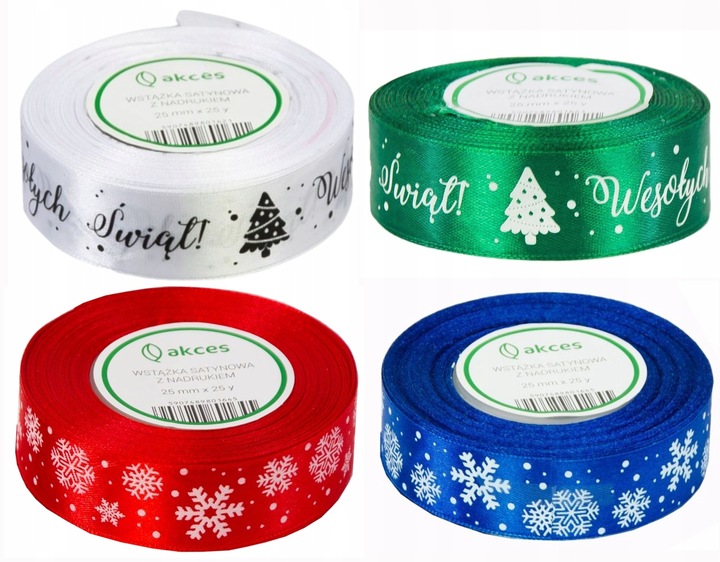 ZESTAW 4 szt. Wstążki BOŻE NARODZENIE ŚWIĄTECZNE Z NADRUKIEM 4 x 25mm 22m