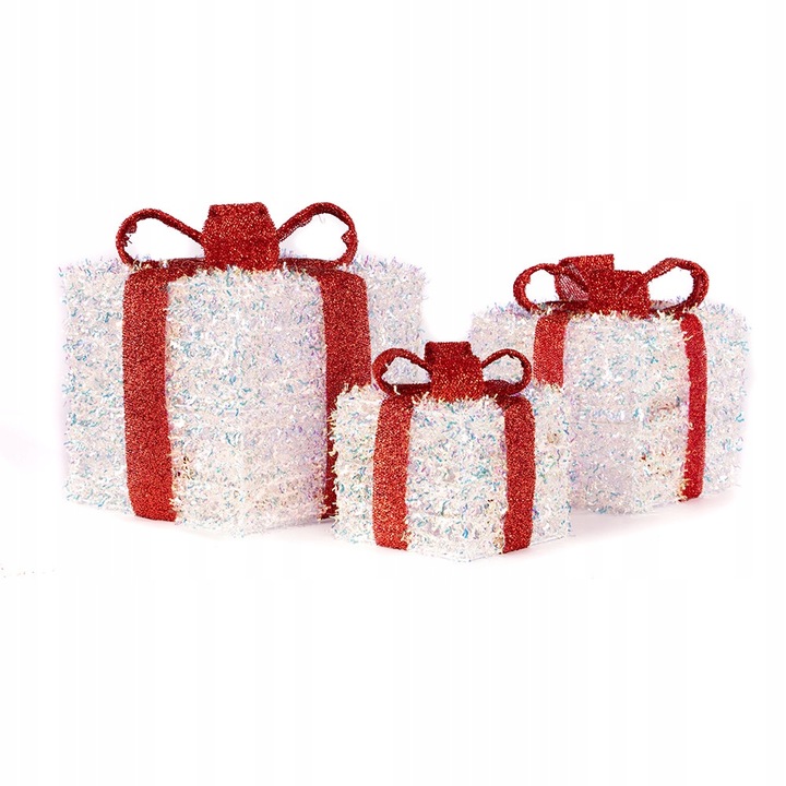 Świąteczne Pudełka Prezenty LED 3 szt. Dekoracja Boże Narodzenie Srebrne