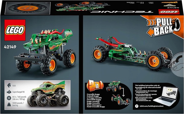 LEGO TECHNIC Monster Jam Dragon 2w1 klocki 42149 krokodyli pojazd zestaw 7+