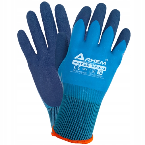 12 PAR Rękawice Robocze Wodoodporne Ochronne BHP Latex Arhem Water Foam 9-L