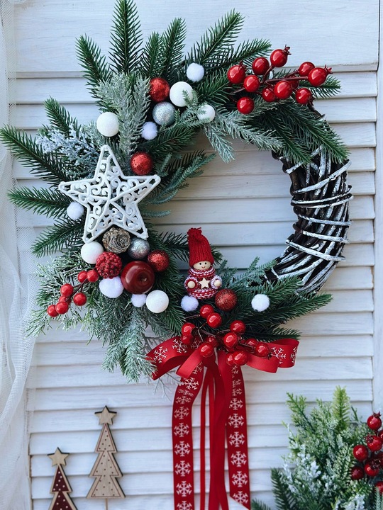 WIANEK ŚWIĄTECZNY BOŻE NARODZENIE WIENIEC NA DRZWI STROIK KOKARDA SKRZAT