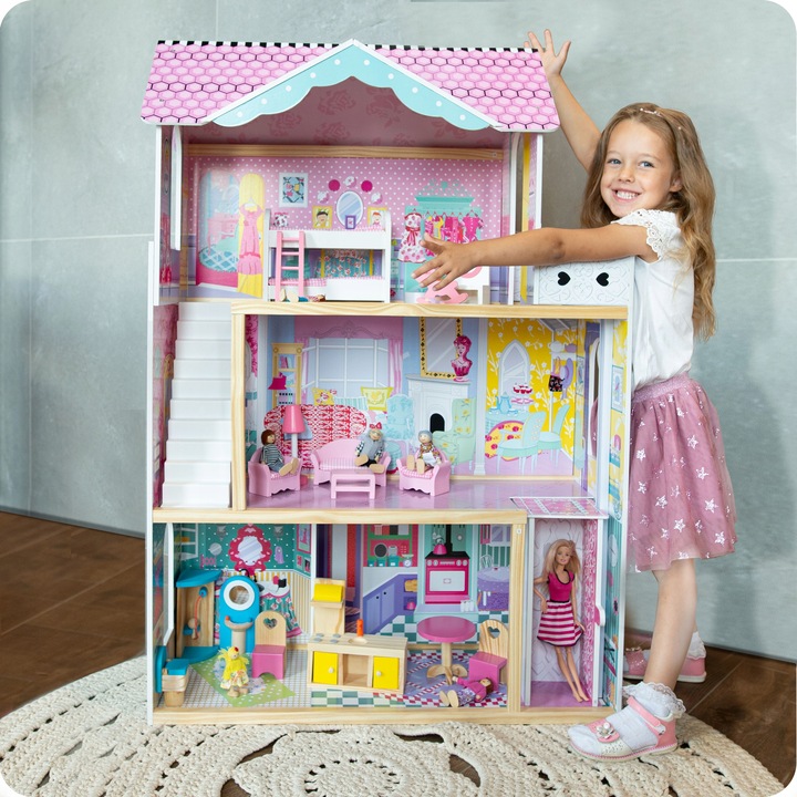 XXL DUŻY DREWNIANY RÓŻOWY DOMEK DLA LALEK MEBLE WINDA AKCESORIA LED