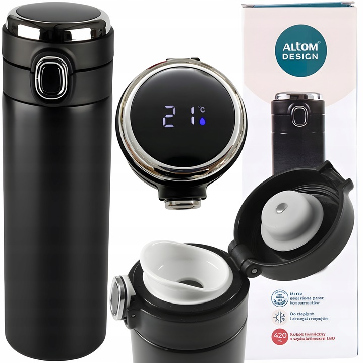 ALTOM KUBEK TERMICZNY TERMOS DO SAMOCHODU PODRÓŻNY WYŚWIETLACZ LCD 420 ML