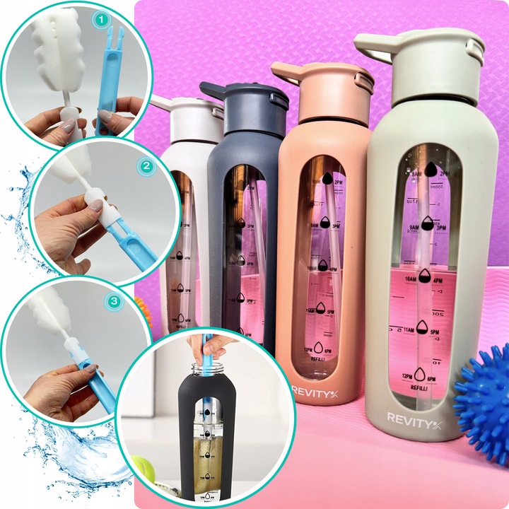 SZKLANA BUTELKA NA WODĘ BIDON SHAKER Z MIARKĄ I DZIUBKIEM SILIKONOWE ETUI