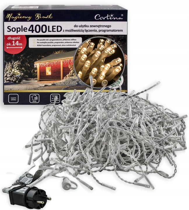 GĘSTA KURTYNA SOPLE 400 LED 14,20m PROGRAMATOR+PAMIĘĆ+GNIAZDO BIAŁY CIEPŁY