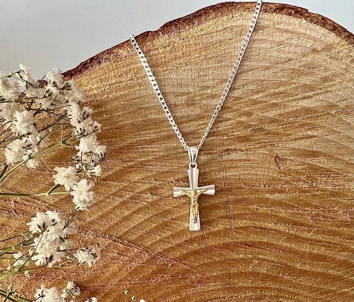 Srebrny łańcuszek i krzyżyk zestaw komunijny 45 cm srebro pozłacany prezent