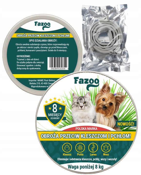 OBROŻA NA KLESZCZE i Pchły dla Psa Kota Antykleszczowa 8 Miesięcy Fazoo