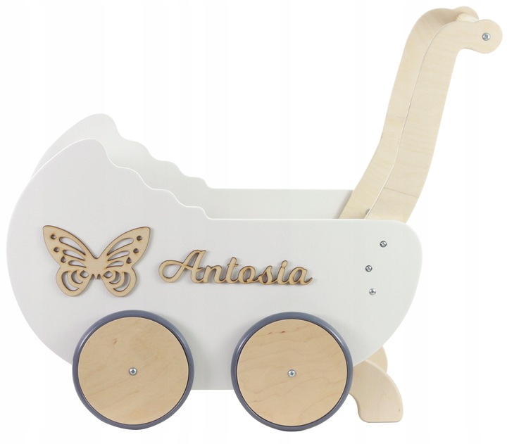 drewniany WÓZEK DLA LALEK + IMIĘ POŚCIEL stopery