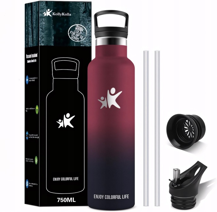 TERMOS BUTELKA TERMICZNA KUBEK NA KAWĘ HERBATĘ ZE SŁOMKĄ WIŚNIOWY 750ML