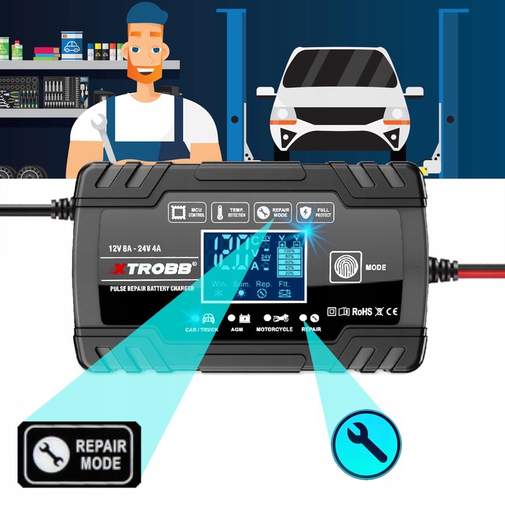 Prostownik SAMOCHODOWY AUTOMATYCZNY Z FUNKCJĄ NAPRAWY AKUMULATORÓW 12V 24V