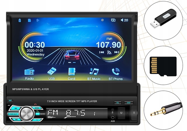RADIO SAMOCHODOWE 1DIN 7'' BT WYSUWANY EKRAN DOTYKOWY MIRROR LINK KAMERA