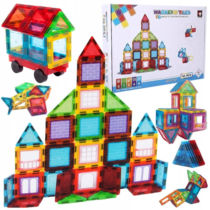 KLOCKI MAGNETYCZNE KONSTRUKCYJNE 3D DUŻE PANELE MEGNETIC TILES 45 elem.