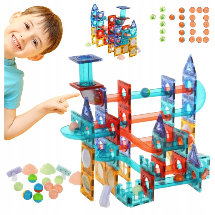 Klocki MAGNETYCZNE KONSTRUKCYJNE Tor kulkowy ŚWIECĄCY 110 el Zestaw dziecko