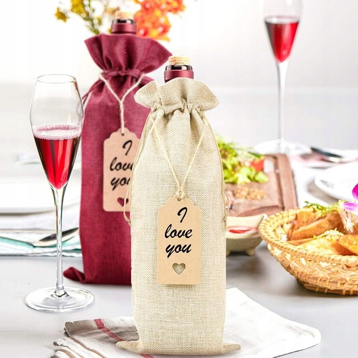 12X WORKI JUTOWE TOREBKI NA WINO POKROWCE NA BUTELKI WINA ZE SZNURKAMI TAGI