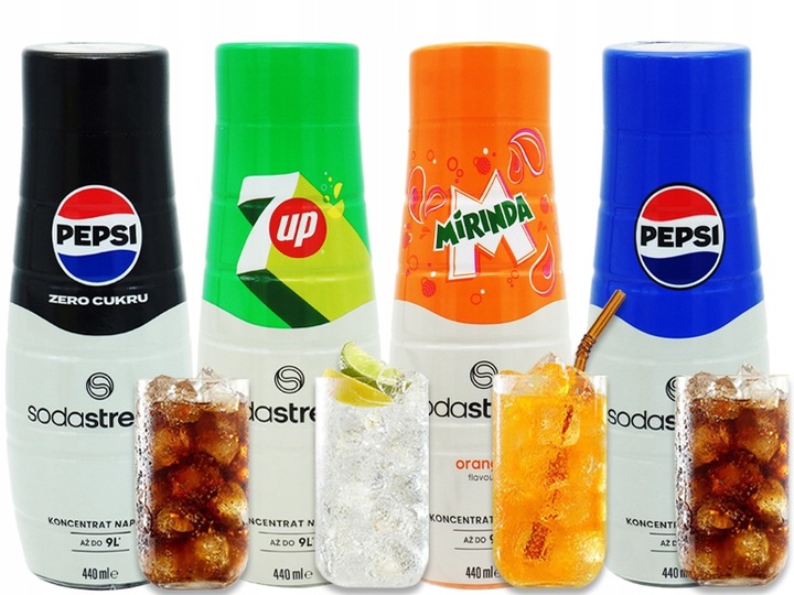 4x SYROP KONCENTRAT SODASTREAM 7UP MIRINDA PEPSI / MAX 9L NAPOJU z 440ml
