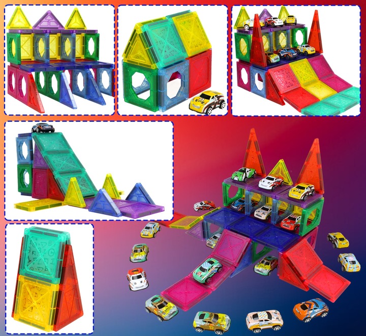 DUŻE Klocki Magnetyczne 3D Konstrukcyjne 20 Autek Zjeżdżalnia 68el Edukacja