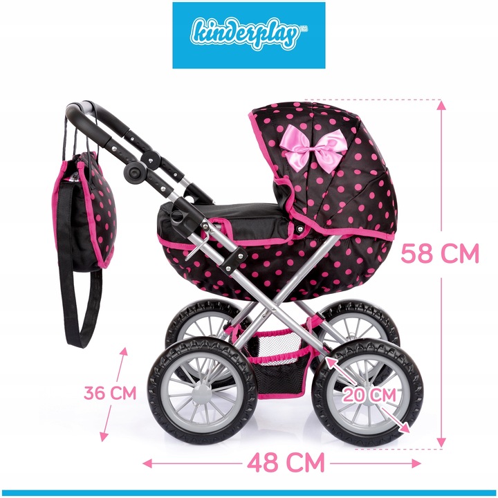 KINDERPLAY WÓZEK DLA LALEK GŁĘBOKI GONDOLA SKŁADANY TORBA REGULOWANA RĄCZKA