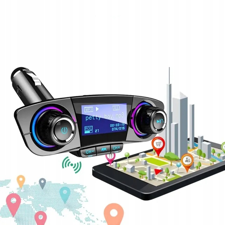 Transmiter Samochodowy FM Bluetooth 5.0 USB micro SD 8w1 AUX Ładowarka