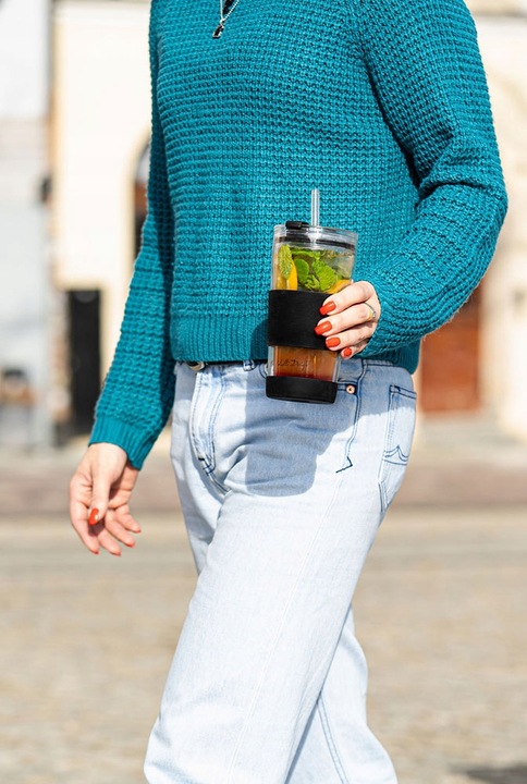 Szklany kubek do kawy ze słomką Vialli Design FUORI 600ml 30374 (czarny)