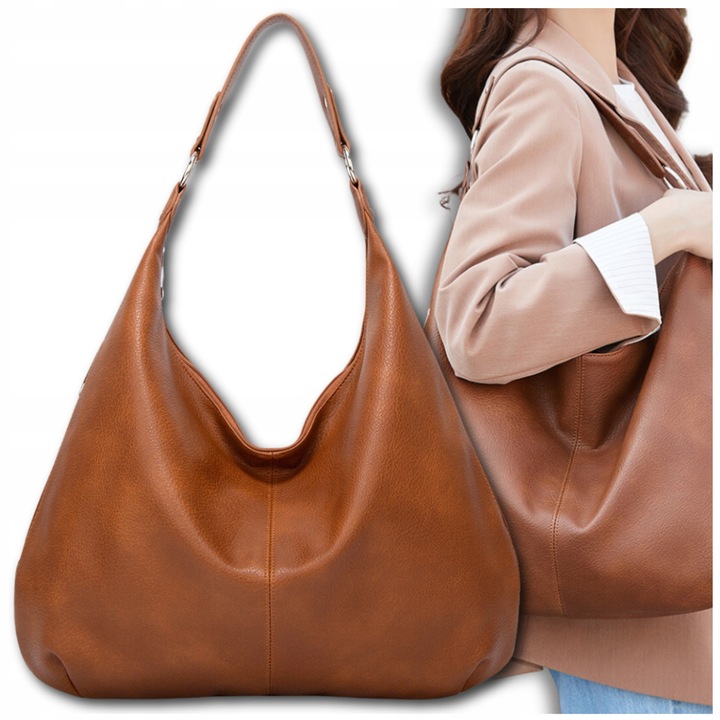 Damska Torebka Skórzana Brązowa Worek Pojemna A4 Duża Na Ramię Pasek Skóra