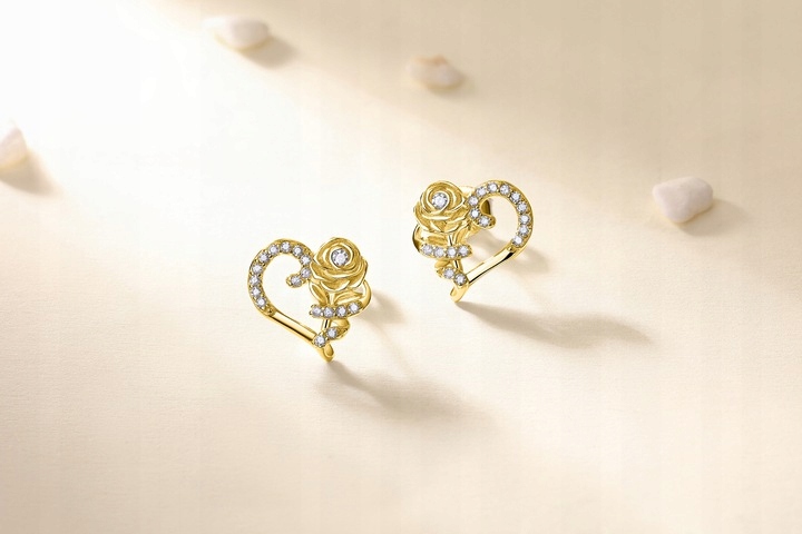 Srebrne kolczyki serca róże wkrętki sztyfty srebro 925 pozłacane oryginalne