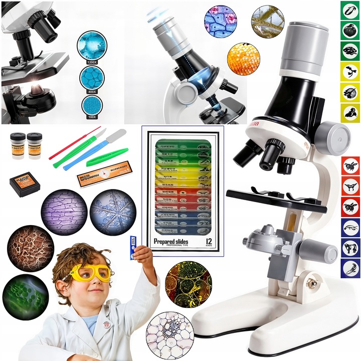 MIKROSKOP DLA DZIECI EDUKACYJNY 1200X +PREPARATY DO MIKROSKOPU ZESTAW 13szt
