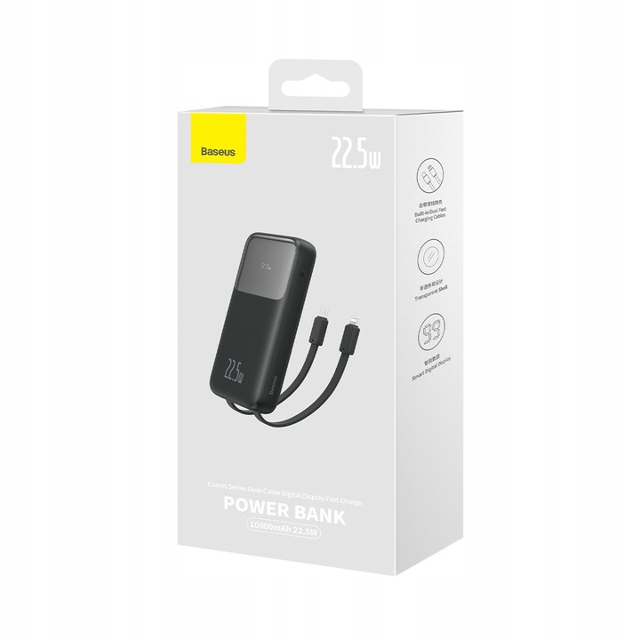 BASEUS SZYBKI POWER BANK 10000mAh 22,5W POWERBANK Z KABLAMI USB-C LIGHTNING