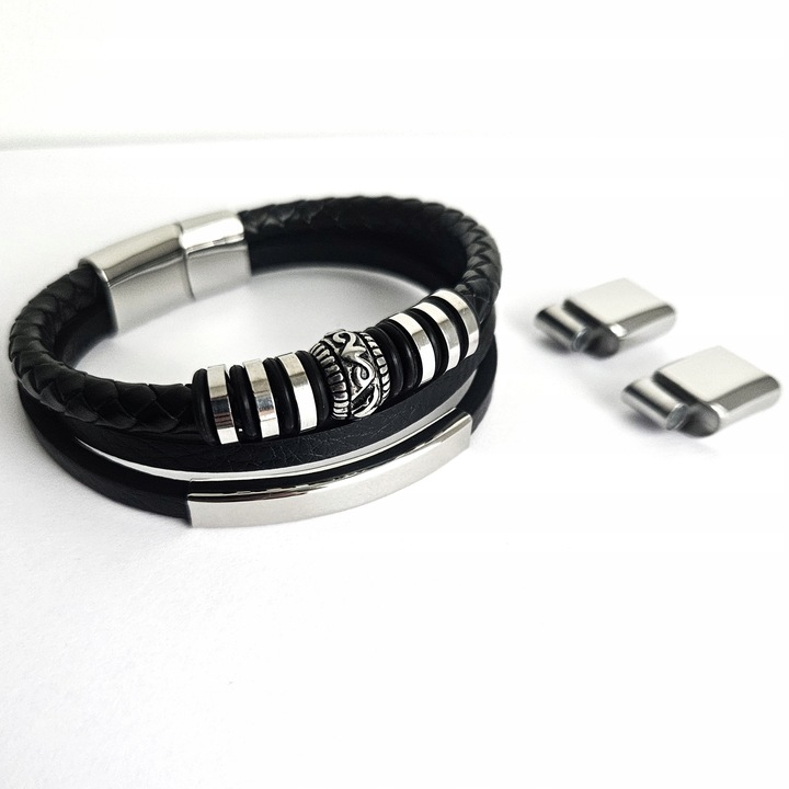 BRANSOLETKA MĘSKA SKÓRZANA SKÓRA GRAWER GRATIS SREBRNA REGULOWANA 21-24CM!