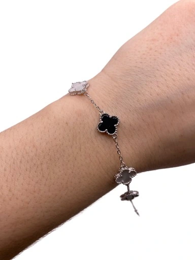 BRANSOLETKA Srebrna Damska SREBRO pr.925 Koniczyna Onyks Perłowa Koniczynka