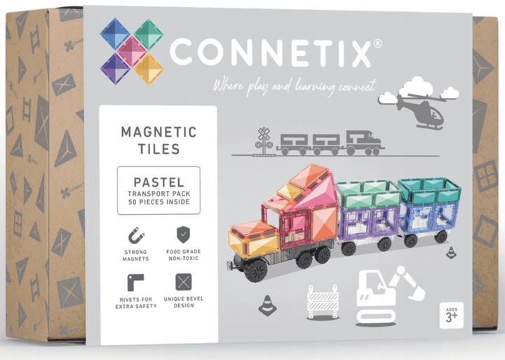 KREATYWNE KLOCKI MAGNETYCZNE POCIĄG 50 EL PASTEL TRANSPORT PACK CONNETIX