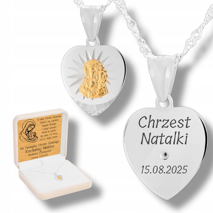 Srebrny medalik pr. 925 Matka Boska Częstochowska Grawer Prezent na Chrzest