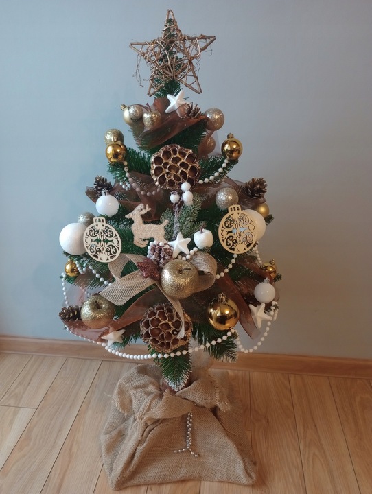 Choinka NA PNIU ubrana Z DEKORACJĄ ozdobami ubrana 100 cm z lampkami LED